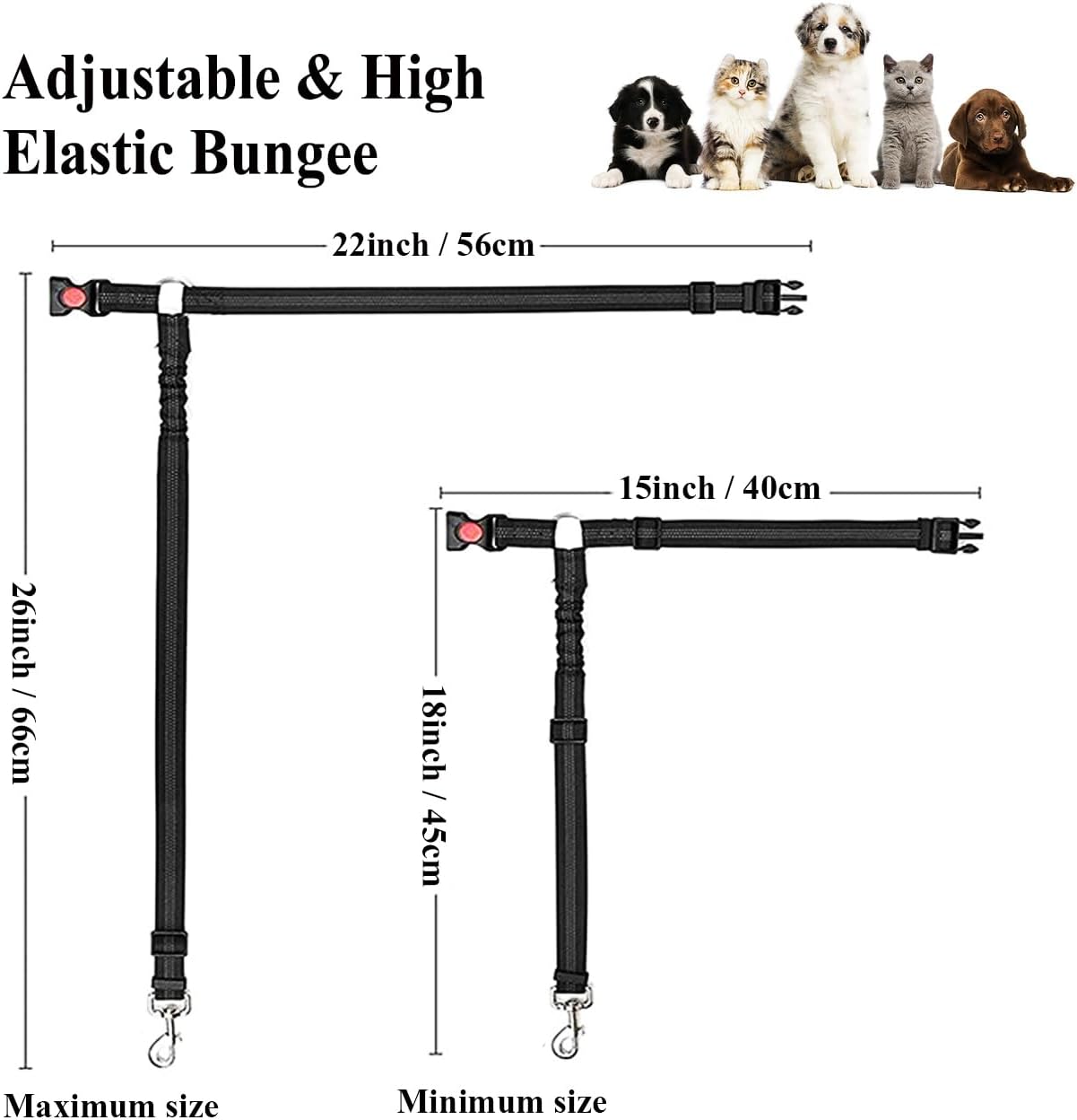 Dog Seat Belts for Car, 2 Pcs Dog Tether with Elastic Bungee Buffer, Adjustable Dog Car Seatbelts and Strong Leash Leads Accessories for Dogs Cats Pets, Black — image 2
