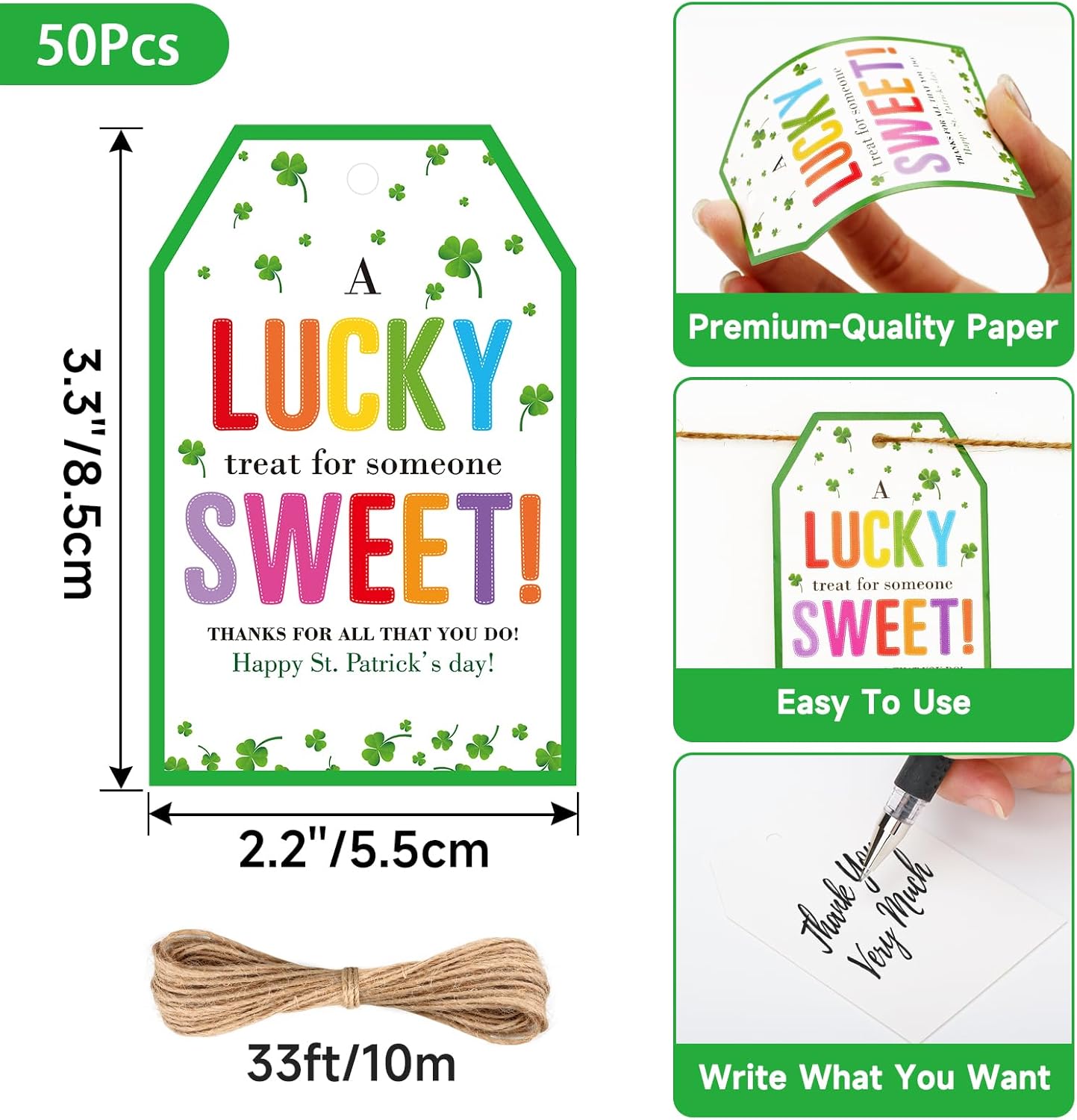 St. Patrick's Day Tags - 50Pcs Happy St. Patrick's Day Gift Tags with String Irish Shamrock Lucky Clover Hang Paper Tag Thanks for All You Do Tag A Lucky Treat — image 3