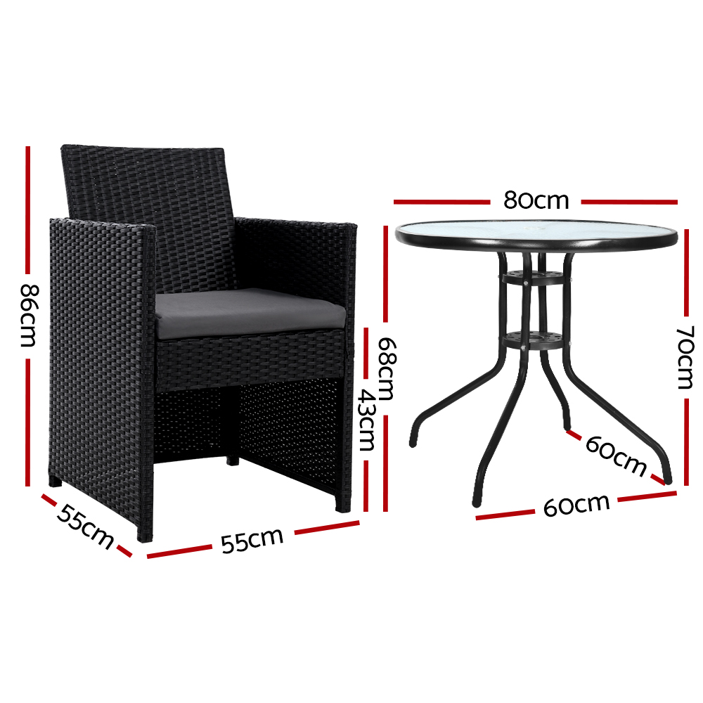 Gardeon 3PC Bistro Set Outdoor Furniture Rattan Table Chairs Cushion Patio Garden Hugo — image 2