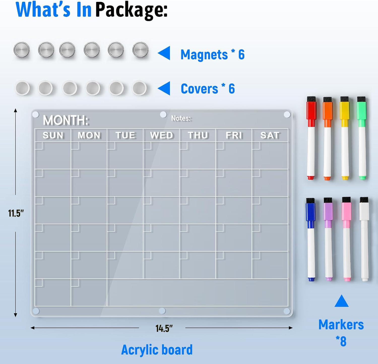 Acrylic Fridge Calendar, Magnetic Monthly Planner with 8 Color Markers, Clear Dry Erase Board for Events/Meetings/Shopping Lists - 14.5 * 11.5'' — image 2