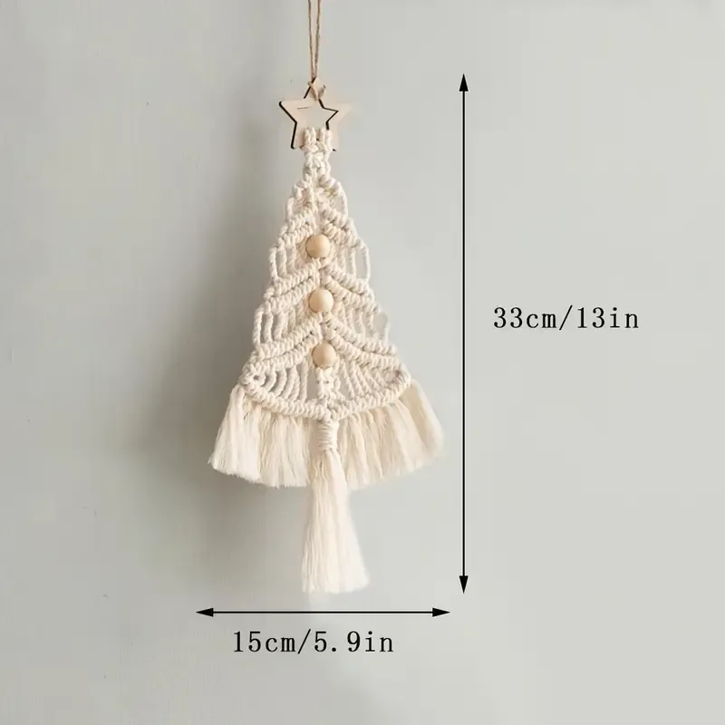 Bohemian woven Christmas tree wall hanging, handmade from pure cotton, accented with wooden beads and tassels, an artistic and healing holiday decoration โ image 6