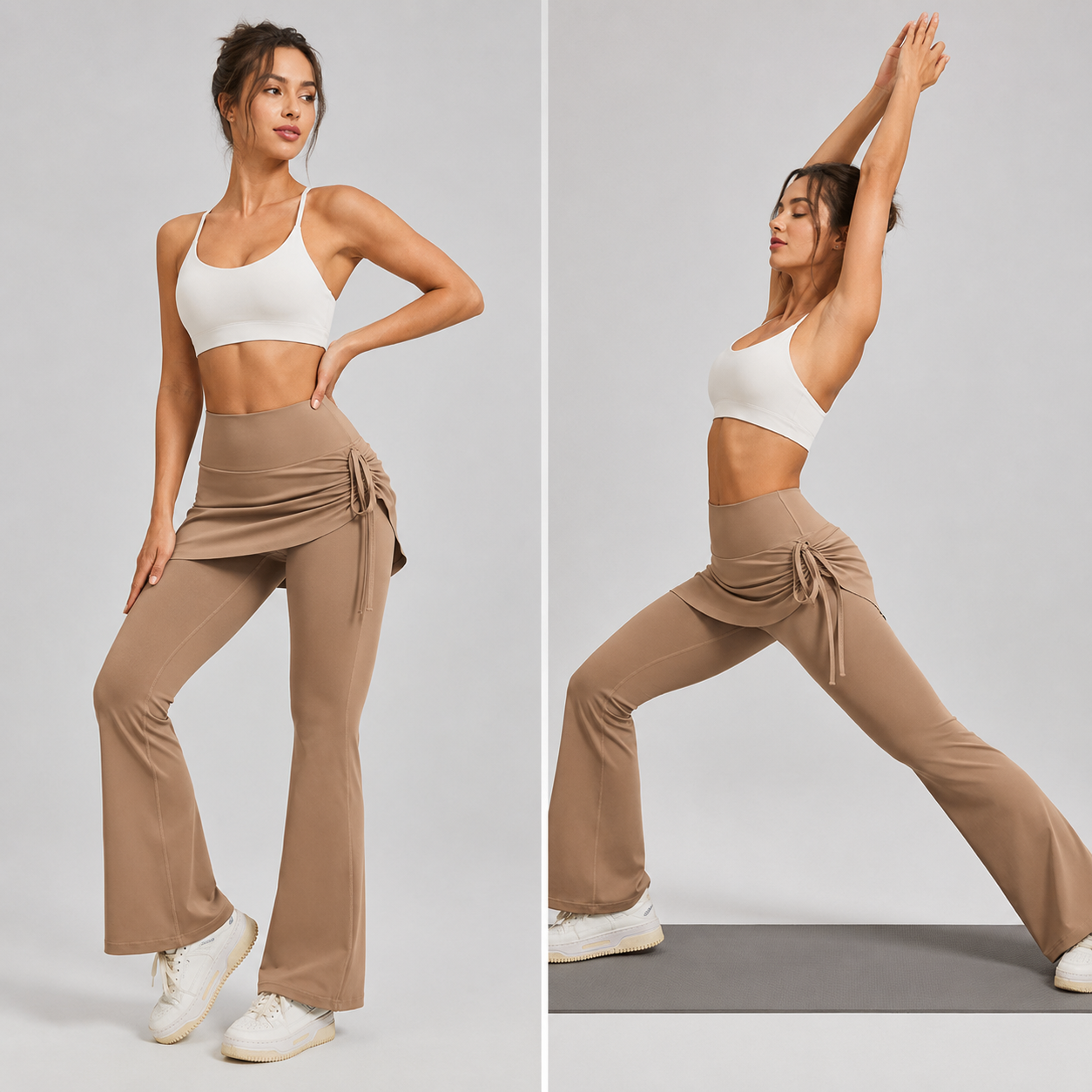 Women's High Waist Skirted Flare Yoga Pants with Adjustable Ruched Drawstring (S size)-Light brown Faux Two Piece Bootcut Leggings for Pilates, Gym โ image 3