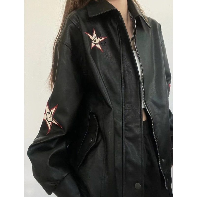 Women PU Leather Jacket Black Polo Collar Zipper L 110 to 125kg โ image 2