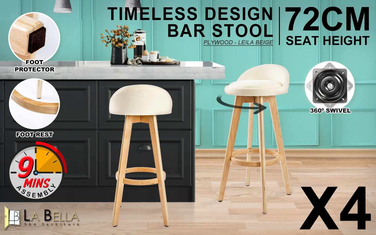 4X Wooden Bar Stool Dining Chair Fabric LEILA 72cm BEIGE โ image 2