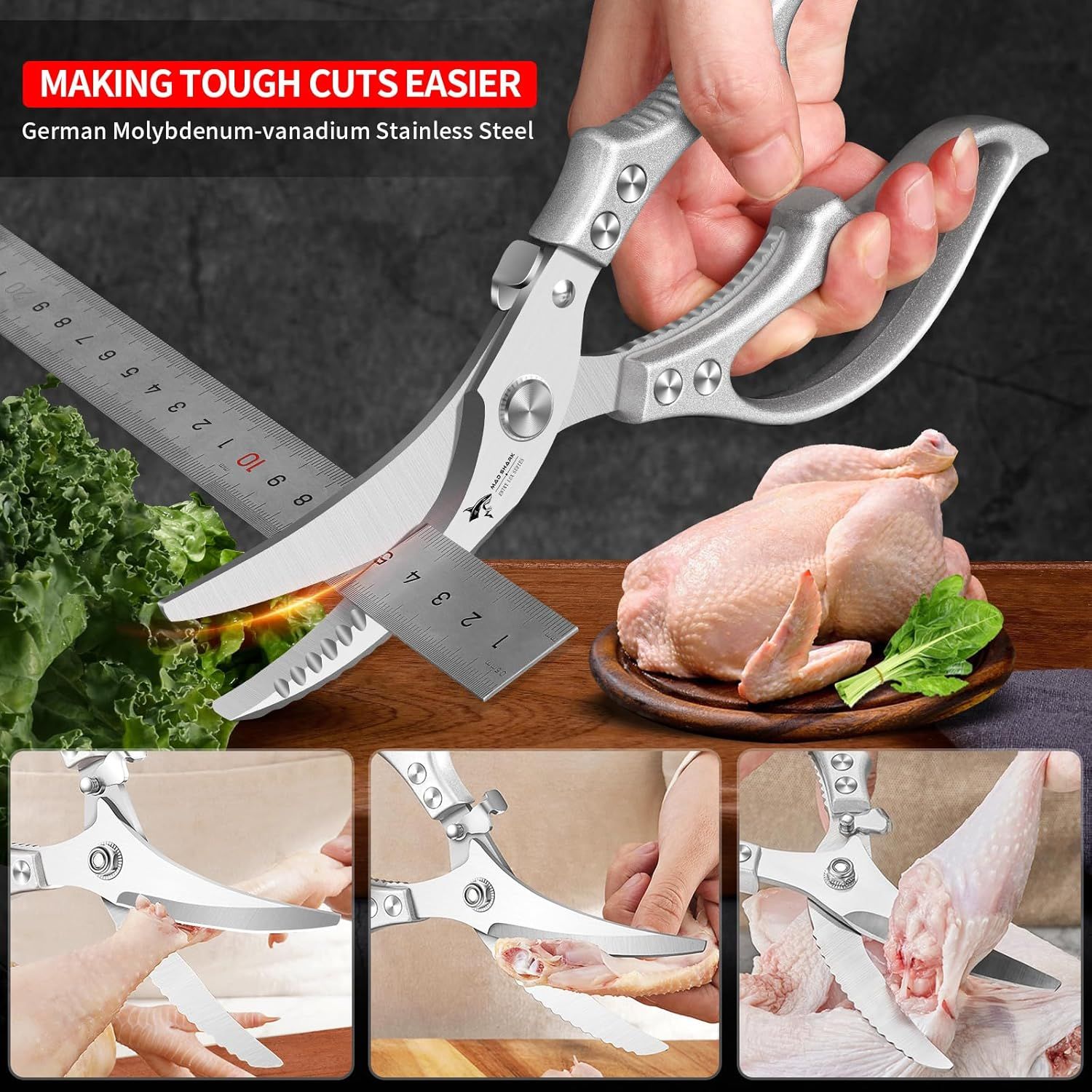Heavy Duty Kitchen Shears, Poultry Scissors for Cutting Chicken Bones, German Stainless Steel, All-Metal Design, Spring-Loaded, Dishwasher Safe (Silver) — image 2