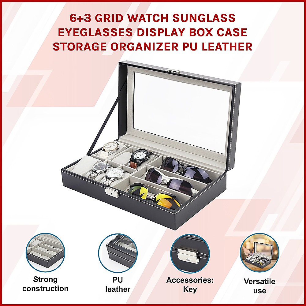 6+3 Grid Watch Sunglass Eyeglasses Display Box Case Storage Organizer PU Leather — image 3