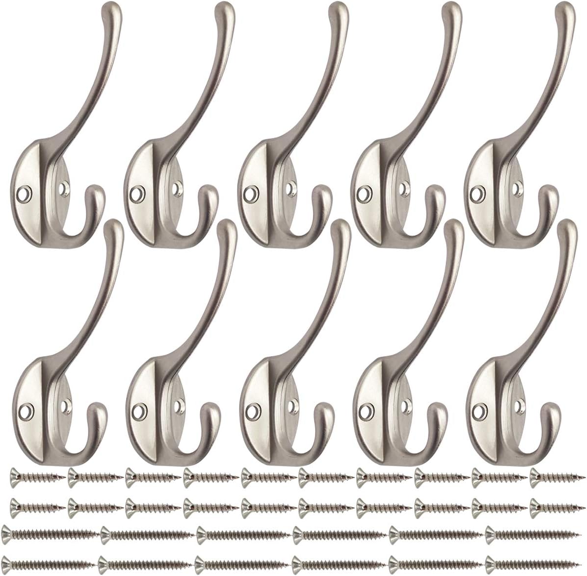 10 Pack Dual Coat Hooks Wall Mounted with 40 Screws Retro Double Hooks Utility Silvery Hooks for Coat, Scarf, Bag, Towel, Key, Cap, Cup, Hat (Silvery)
