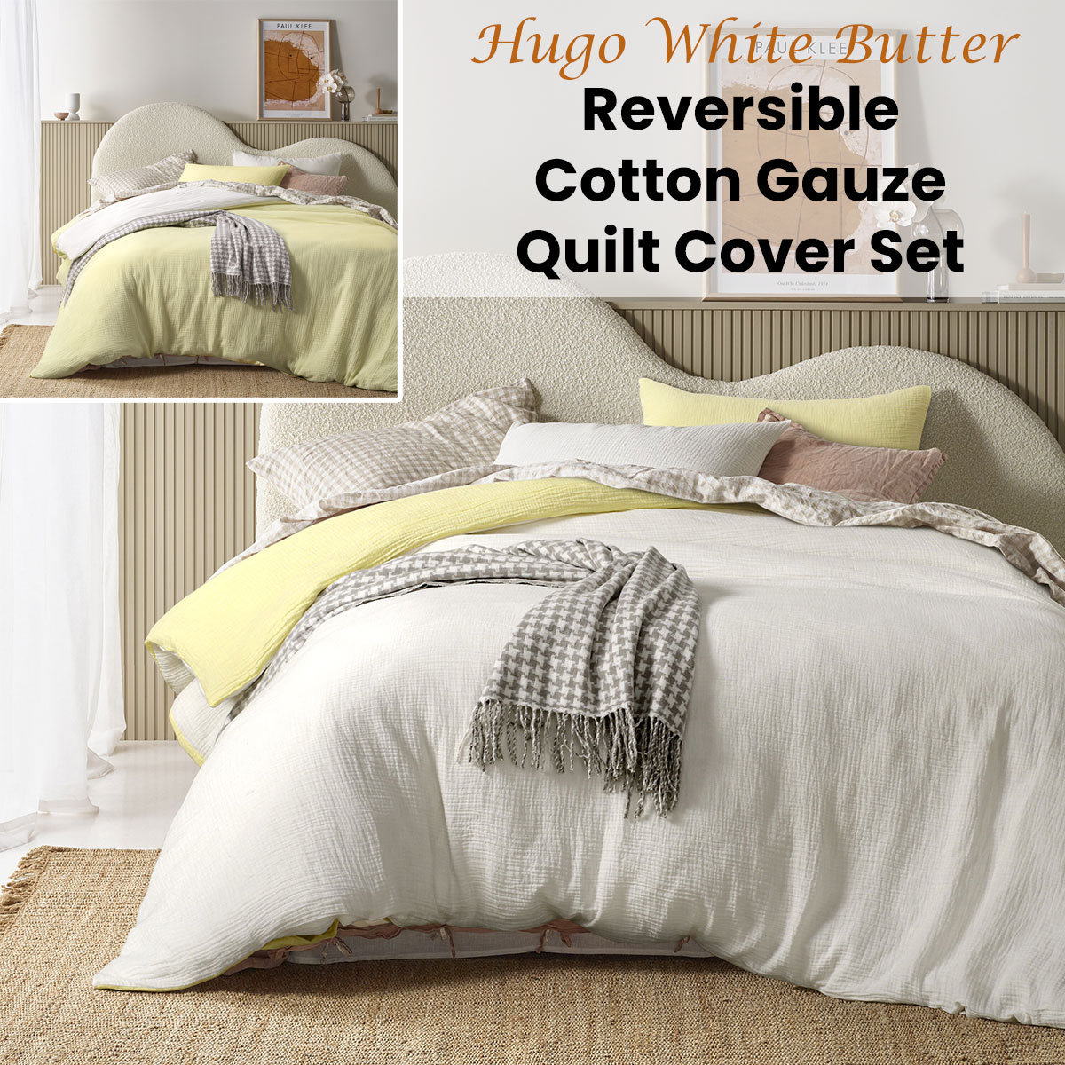 Vintage Design Homewares Hugo Reversible White Butter Cotton Gauze Quilt Cover Set Queen โ image 2
