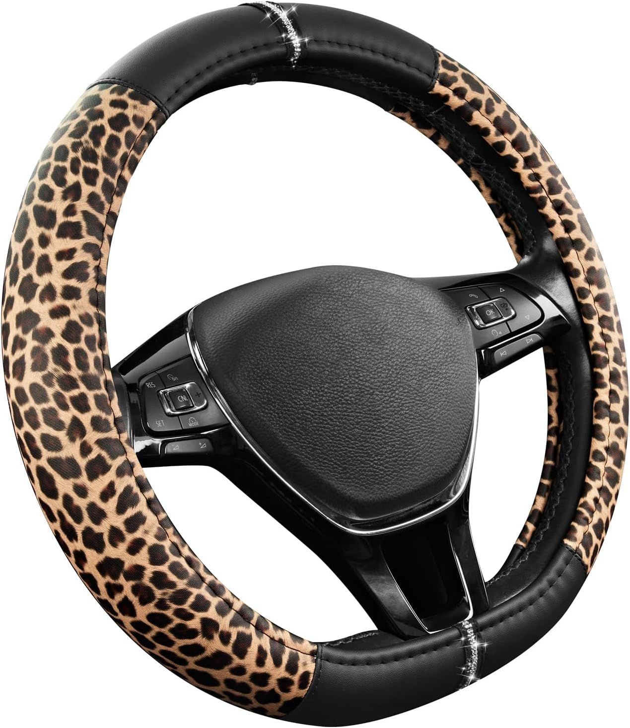 Leopard Steering Wheel Cover for Women, Cute Anti-Slip Microfiber Leather, Fits D Shape Flat Bottom Steering Wheel 14.5-15 Inch - Black โ image 2