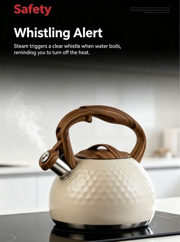 3L Hammered Stainless Steel Whistling Stovetop Kettle, Wood Grain Heat Insulated Handle, Universal for Gas & Induction Cooker, Large Capacity Water Boiler for โ image 3