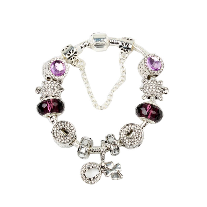 Charm Bracelet with Tortoise, Heart, Clover Pendant(Purple, 19cm)