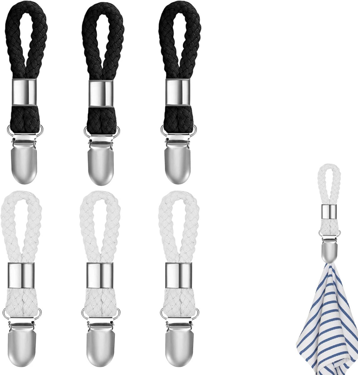 6 pieces - towel clips - bath towel clip - metal kitchen tea towel hooks - with woven cotton rope loop - for hanging tea towel holders in kitchen