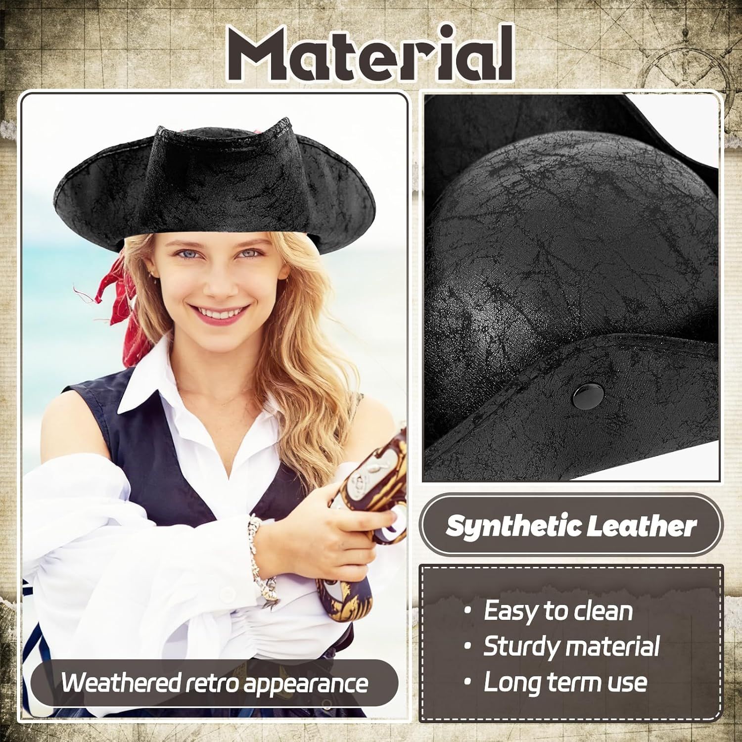 Black Pirate-Hat,Women Tricorn Leather Hat,Men Vintage Wrinkle Pirate Hat for Halloween Party Costume Accessories — image 3