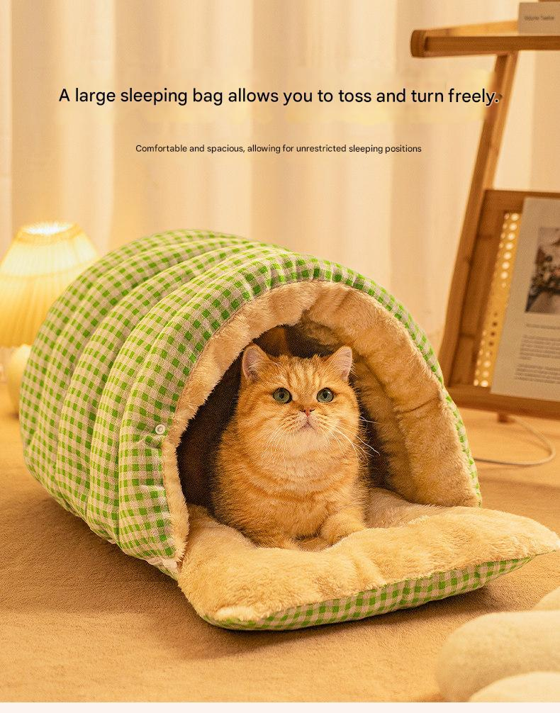 S size Orange Plaid Cat Cave Bed Winter Warm Enclosed Pet House Cozy Cat Sleeping Bag Semi-Enclosed Cat Nest Small Dog Bed PP Cotton Filling Washable Pet — image 5