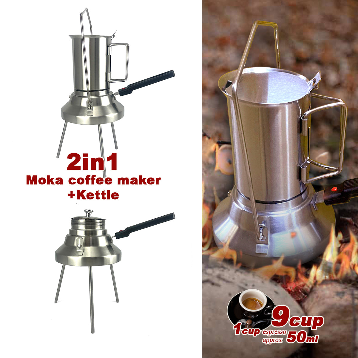 2 In 1 Camping Stainless Steel 9Cup Pot Moka Coffee Maker Italian Espresso Kettle 2024 NEW MODLE — image 3