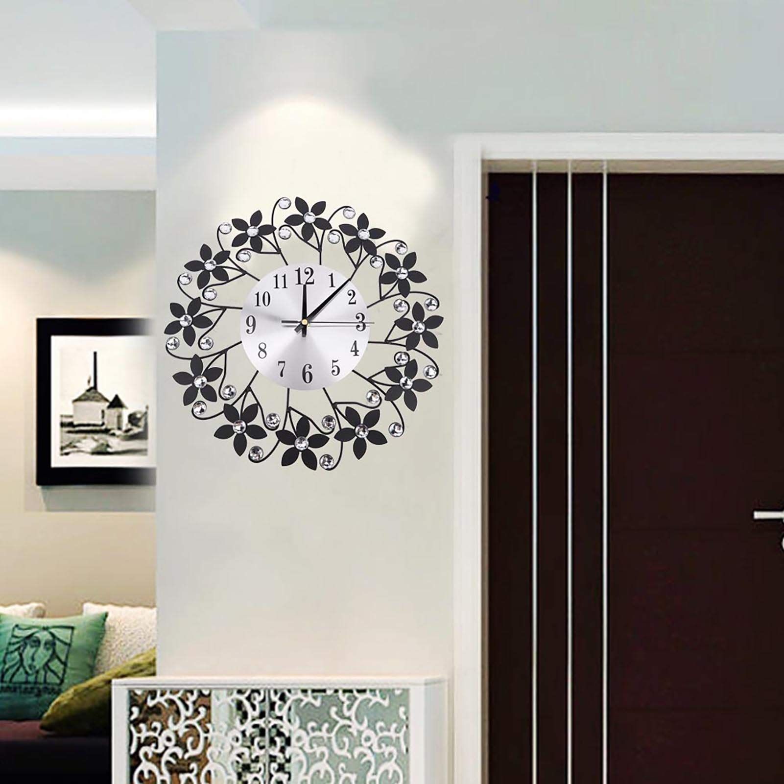 Large Modern Metal Clock with 3D Effect Battery Operated Non Ticking Sparkling Bling for Living Room Kitchen Bathroom Bedroom — image 2