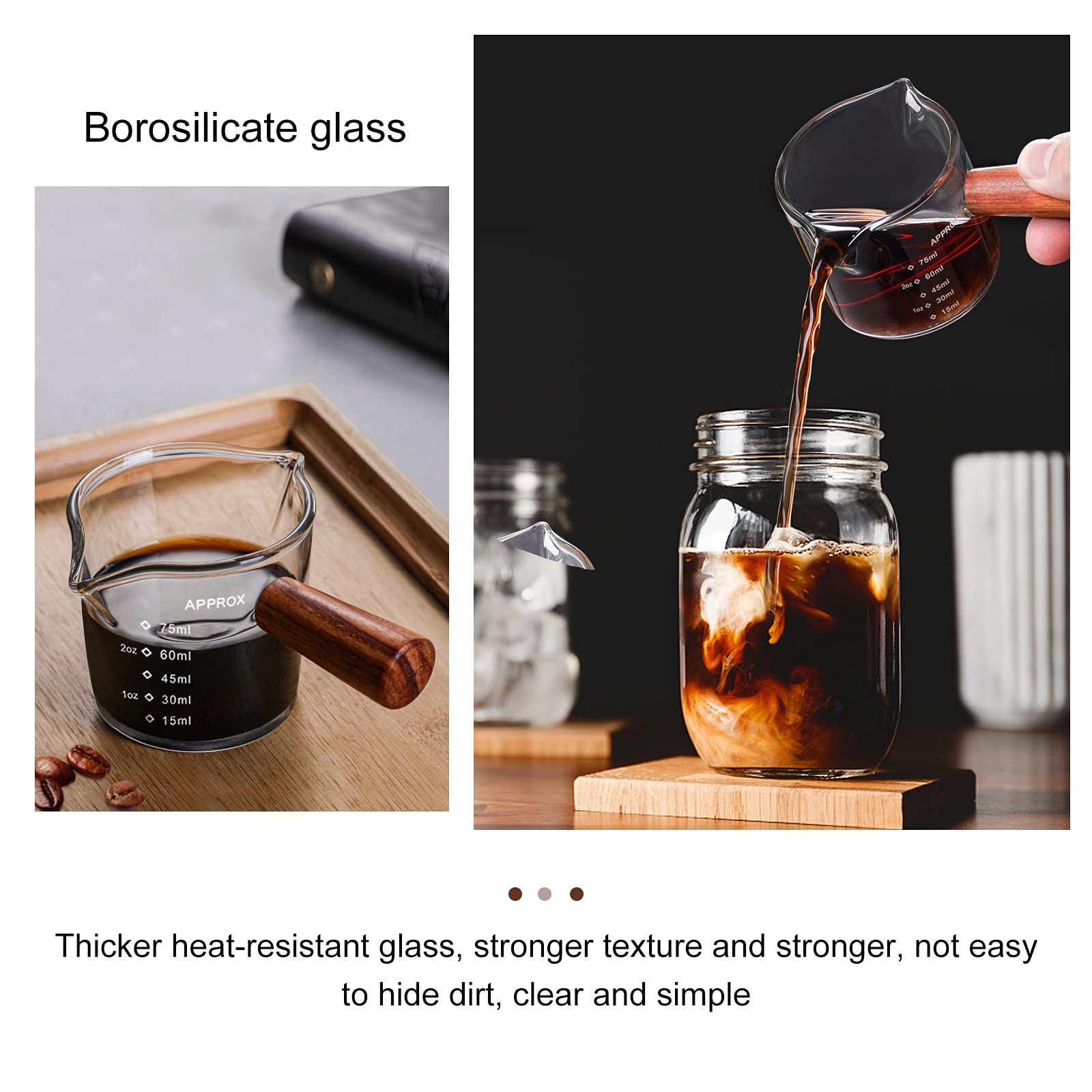 2 Pack Double Spouts Measuring Cup with Wooden Handle, Milk Cup 75ML, Espresso Shot Glasses Triple Pitcher Barista Double Spouts — image 3