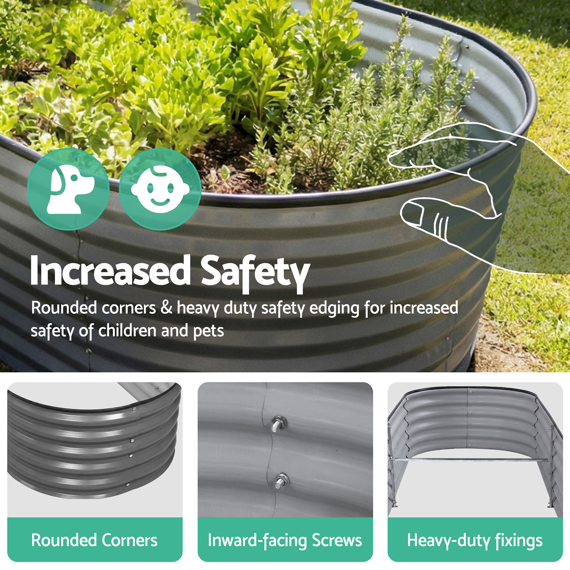 Green Fingers 3 Pcs Raised Garden Bed Kit Oval Galvanized Steel Planter Boxes 240x80x56cm, Heavy Duty Metal Elevated Garden Bed for Vegetables Flowers Herbs — image 4