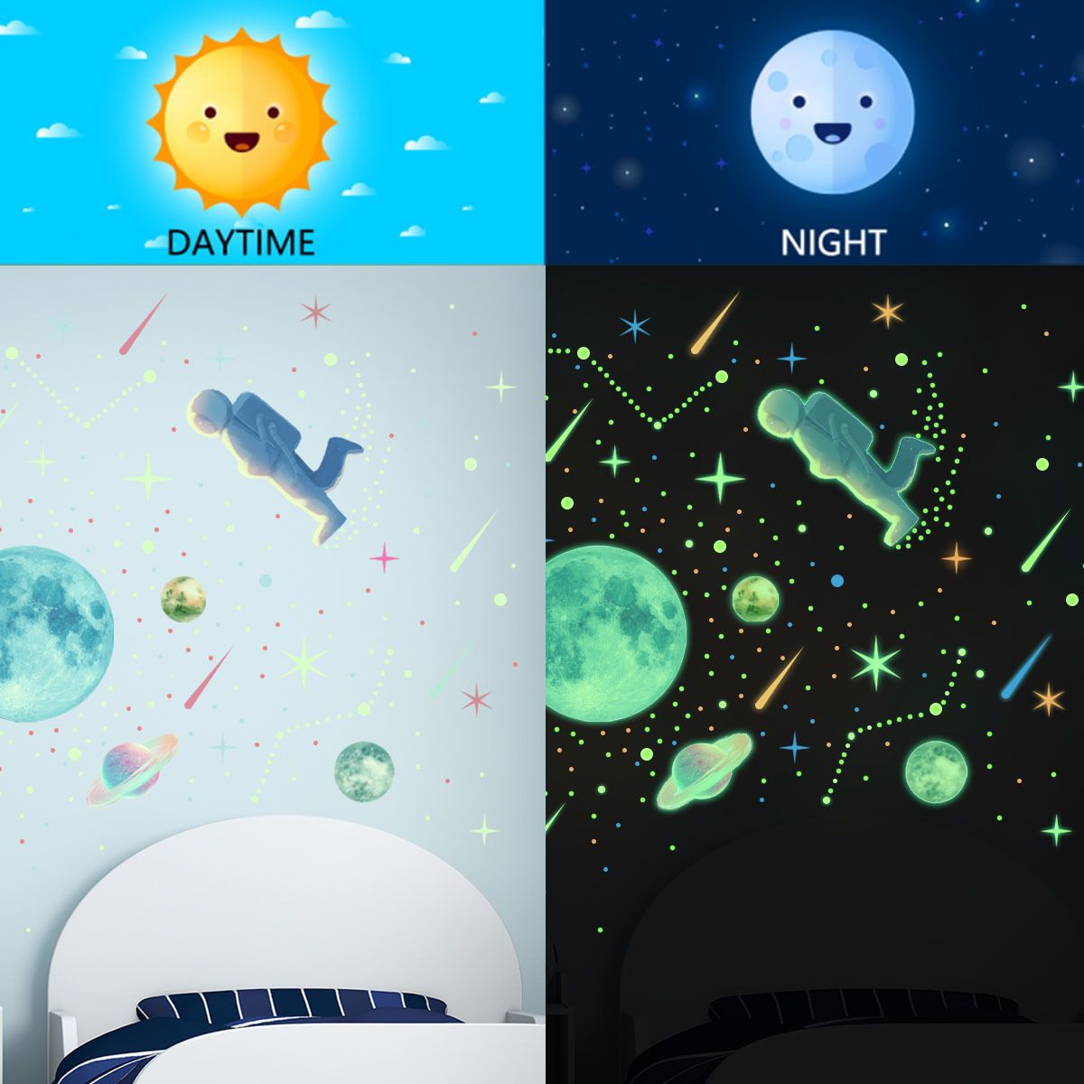 Watercolor Solar System Wall Decals, Glow in The Dark Stars, Kids Planets Sticker for Ceiling, Astronaut Wall Stickers for Bedroom — image 3