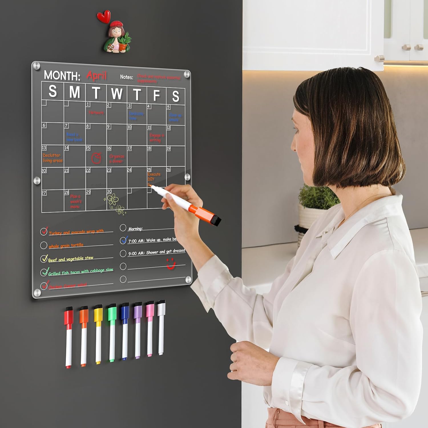 Large Acrylic Magnetic Calendar for Refrigerator, 2in1 Clear Fridge Calendar, Monthly Planning Board with to Do List, Businees Meetings/Grocery 8 Color Markers — image 2