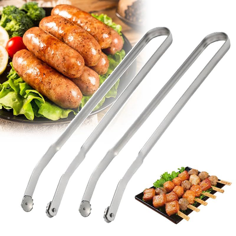 BBQ Sausage Turning Tongs, 2024 New Stainless Steel BBQ Kitchen Tongs for Cooking, Long Handle BBQ Grill Tongs, (2pcs)