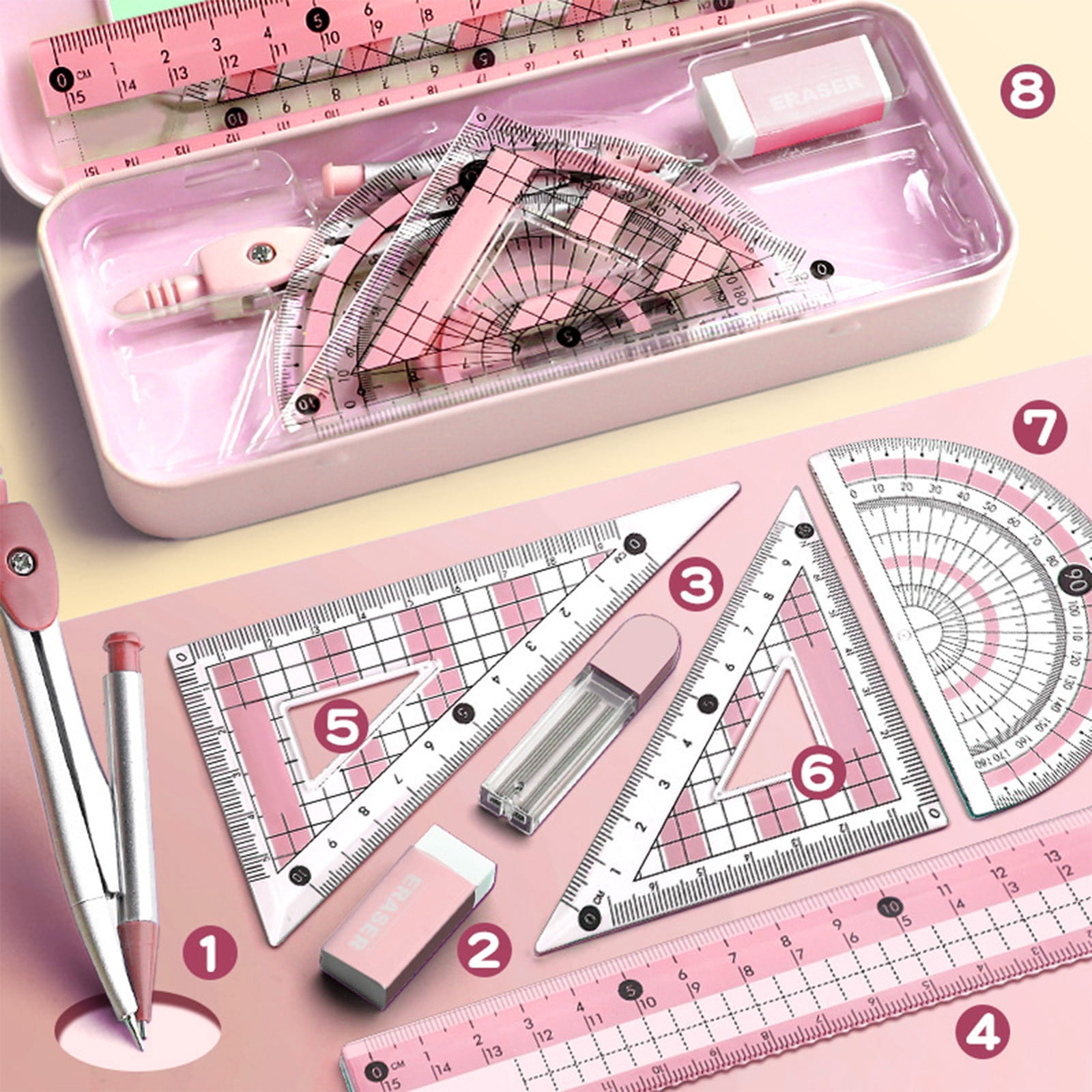 Compass Geometry Tool, Protractor and Compass Set, Metal Box Drawing Compass with Rulers, Math Compass Kit, Shatterproof Storage Box, for Stationery Supplies
