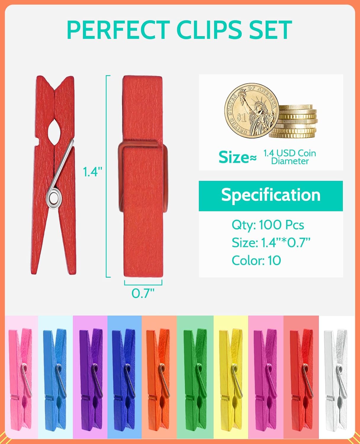 Mini Clothespins, 100 Pcs 1.4'' Strong Mini Clothespins for Photos with 10 Pcs Washi Tapes and 43 Ft Jute Twine, Colorful Wooden Small Clothes Pins for — image 2