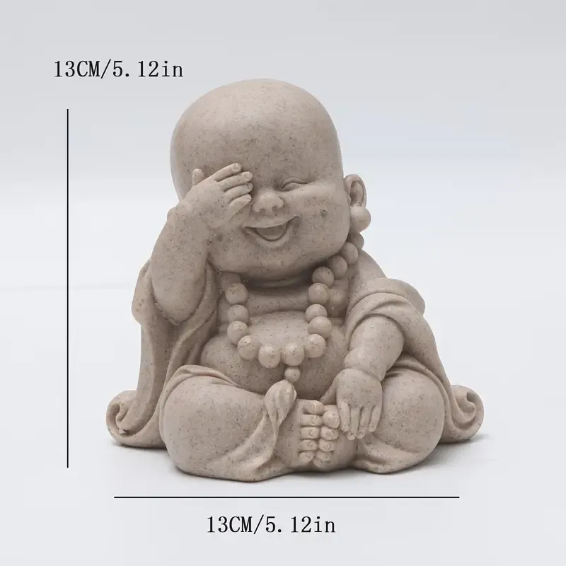Zen Monk Resin Figurine, 3 poses hear-see-speak no evil, sandstone texture, serene smiling Buddha, perfect for tea pet, desk, car, indoor & garden decor