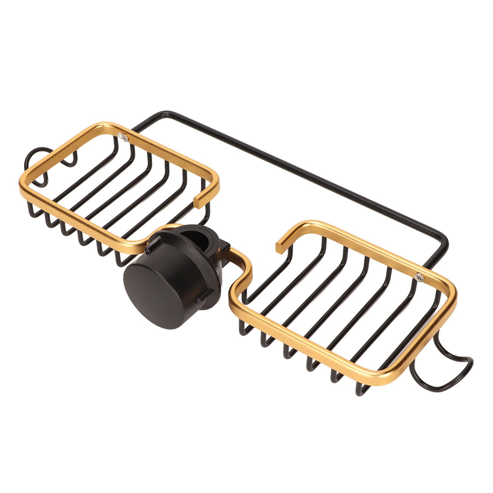 Faucet Storage Shelf Aluminum Plastic Two Containers with Towel Rod for Sponge Rag Kitchen Bathroom Black Gold — image 6
