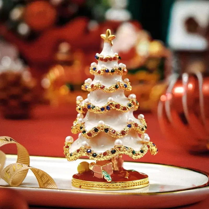 Enamel Christmas Tree Jewelry Box – Rhinestone & Pearl Luxe Desk Decor, Ring & Earring Storage, Perfect for Christmas, Birthdays, Housewarmings, Ideal Gift for