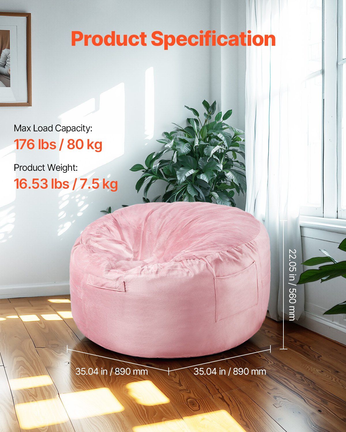 Bean Bag Chair, 91 cm Round Bean Bag Chair with Removable and Washable Cover, 25D Memory Foam Filled with Soft and Smooth Dutch Velvet, Bean Bag for — image 5