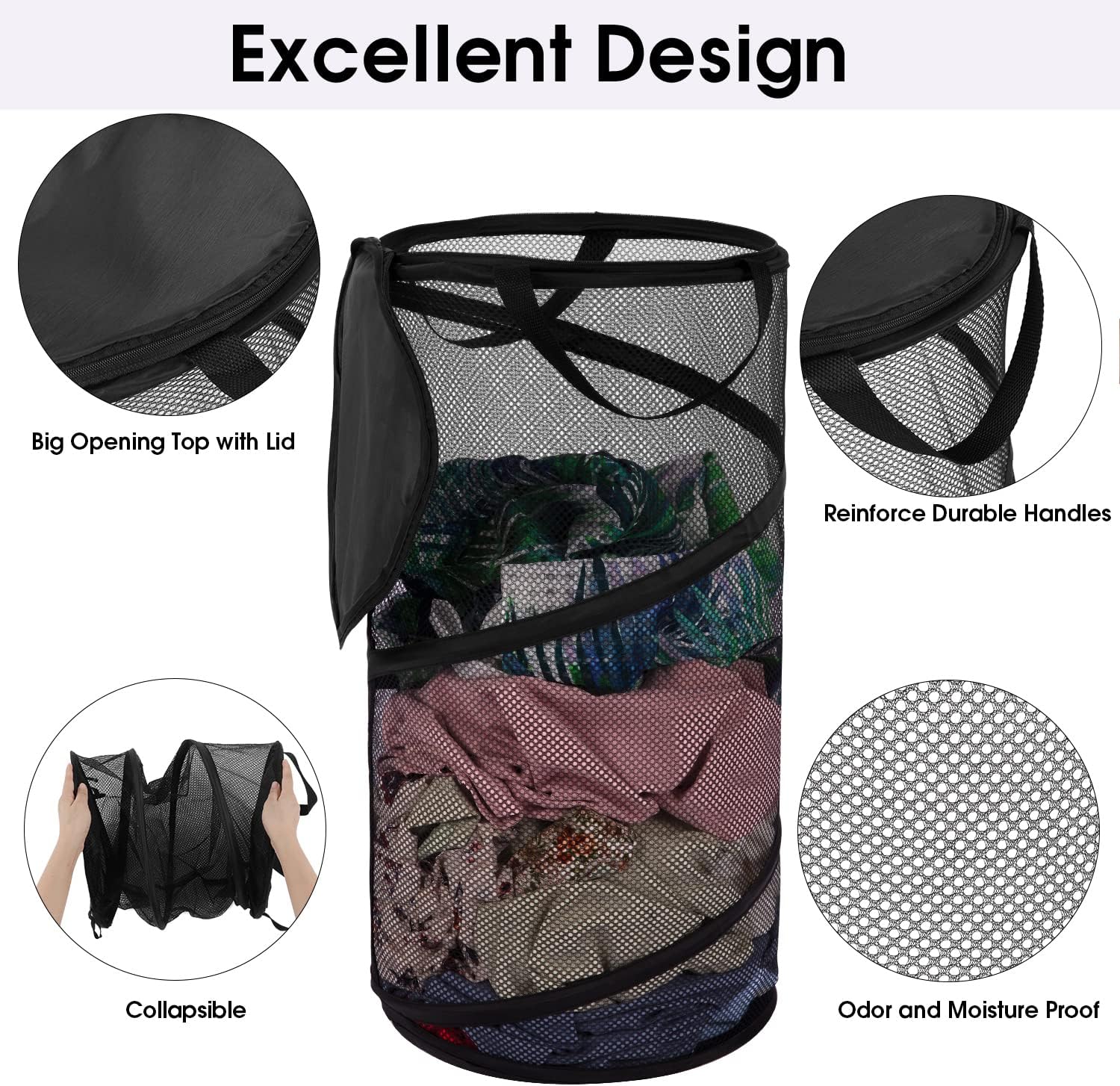 Large Collapsible Laundry Basket with Lid Foldable Mesh Pop Up Hamper with Handles for Laundry Room, Bathroom, Kids Room, College Dorm, Travel, Storage — image 3