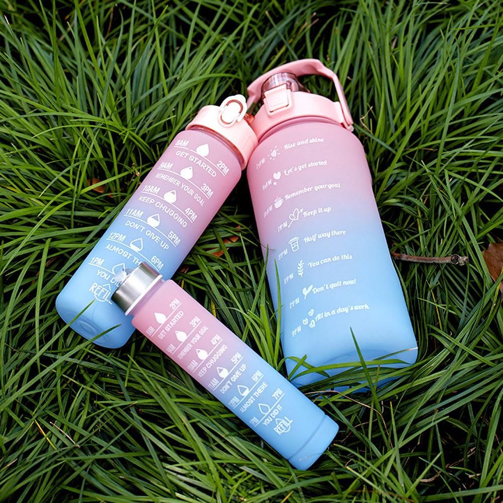 3-Piece Set Gradual-Color Motivational Water Bottles Set Sports Drinking Bottle with Time Markings Pink — image 3