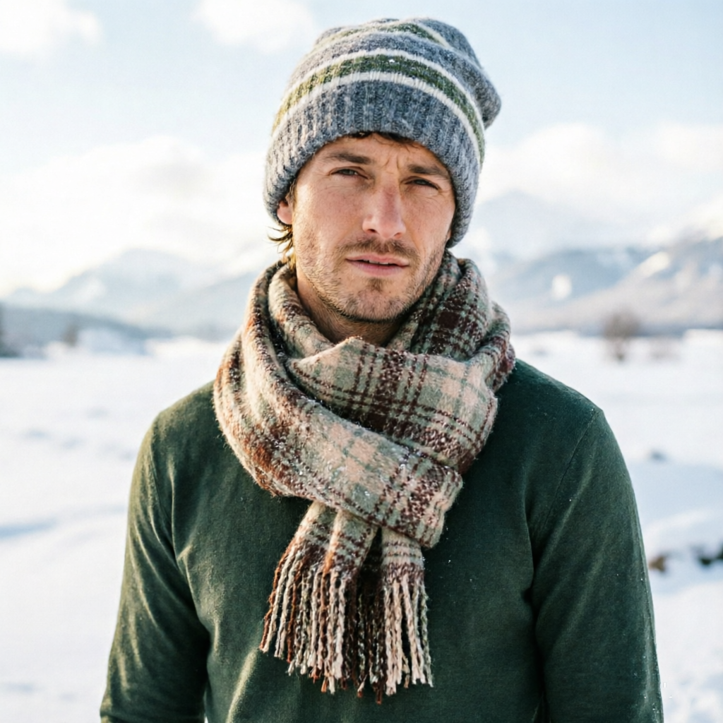 Striped Wool-Blend Beanie & Plaid Fringed Scarf Set — Soft Knit Hat (36 × 26 cm) and Oversized Shawl (200 × 65 cm); A Must-Have for Christmas and Cold Weather — image 3