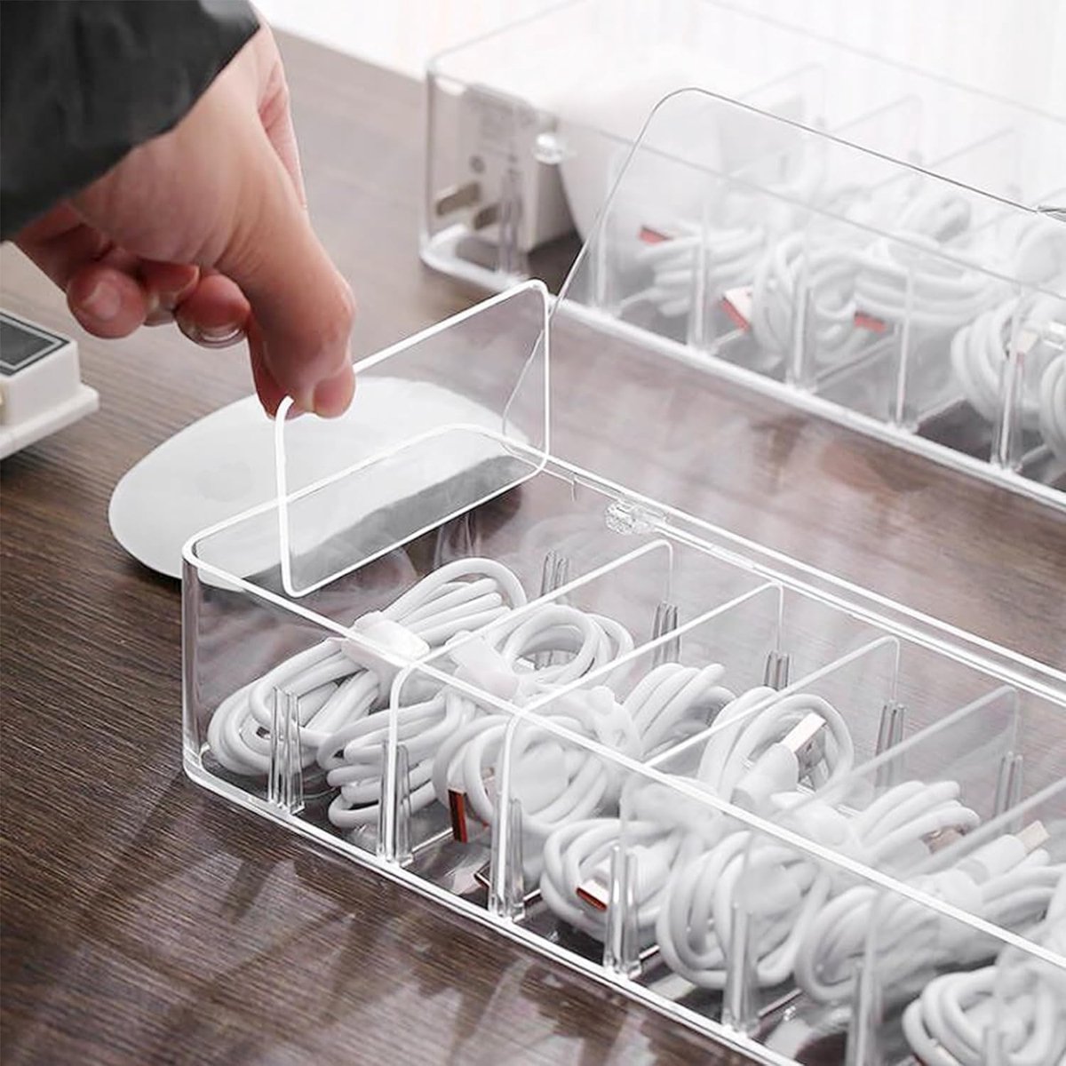 Cable storage box - Cable organizer with 10 cable ties - Cable storage box - Clear plastic storage box for office, workbench, living room, bedroom (large size — image 2