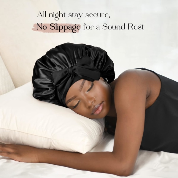 Satin Cap Silk Cap For Sleeping Double Layer Satin Lined Hair Cap With Ribbon Bonnet For Women Naturally Curly Hair black — image 2