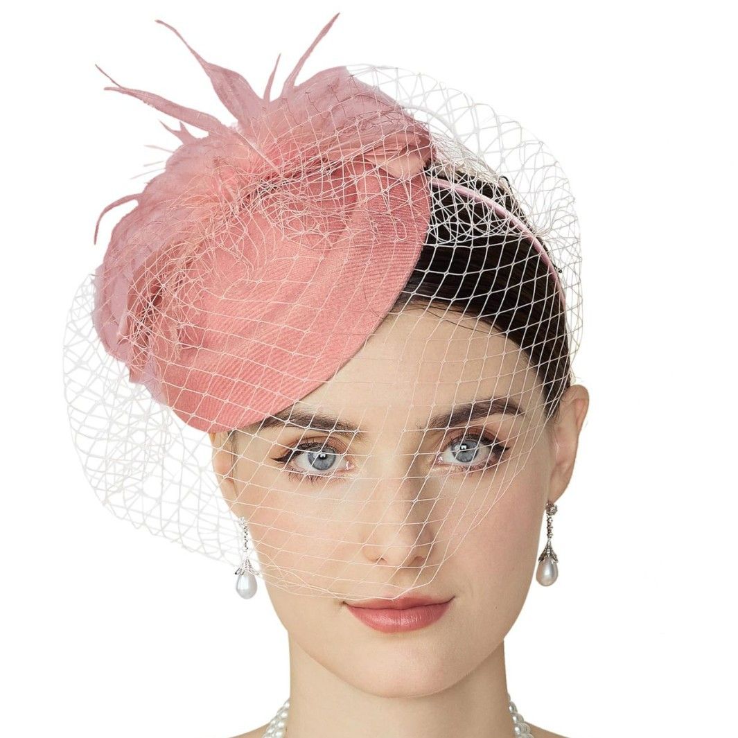 Female headwear accessories, bridal hat, veil, evening gown, hair accessories, retro mesh hat, theme party, headdress nude pink — image 4