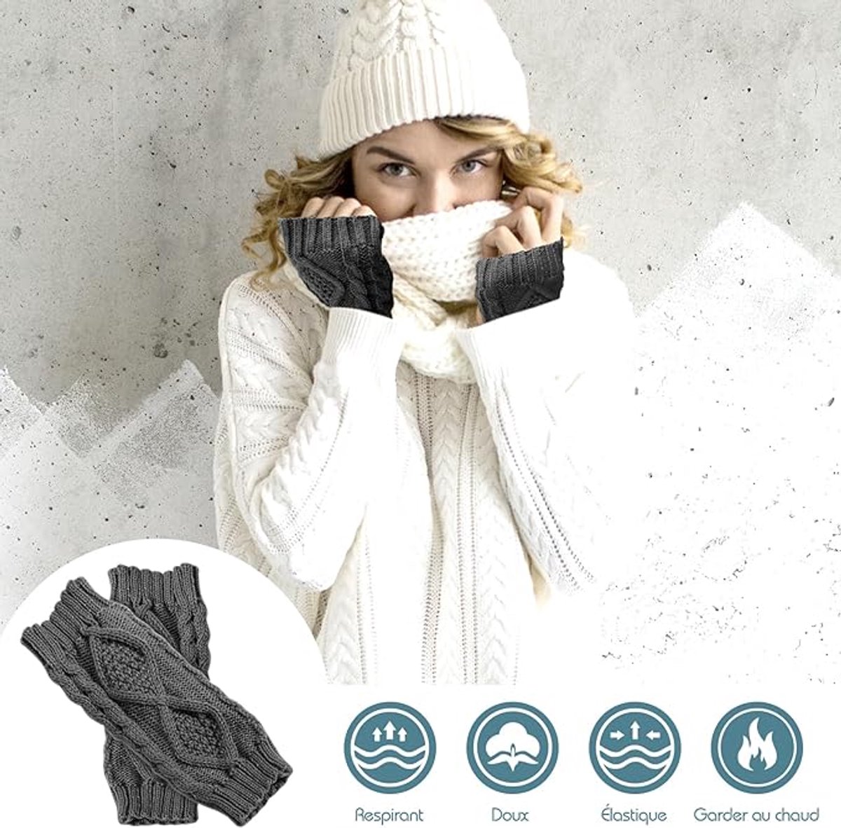 2 Wristbands - Fingerless Gloves - Knitted Women's - Wristbands - Long Knitted Wristbands - Winter Gloves - Warm - Unisex - Black + Dark Gray โ image 6