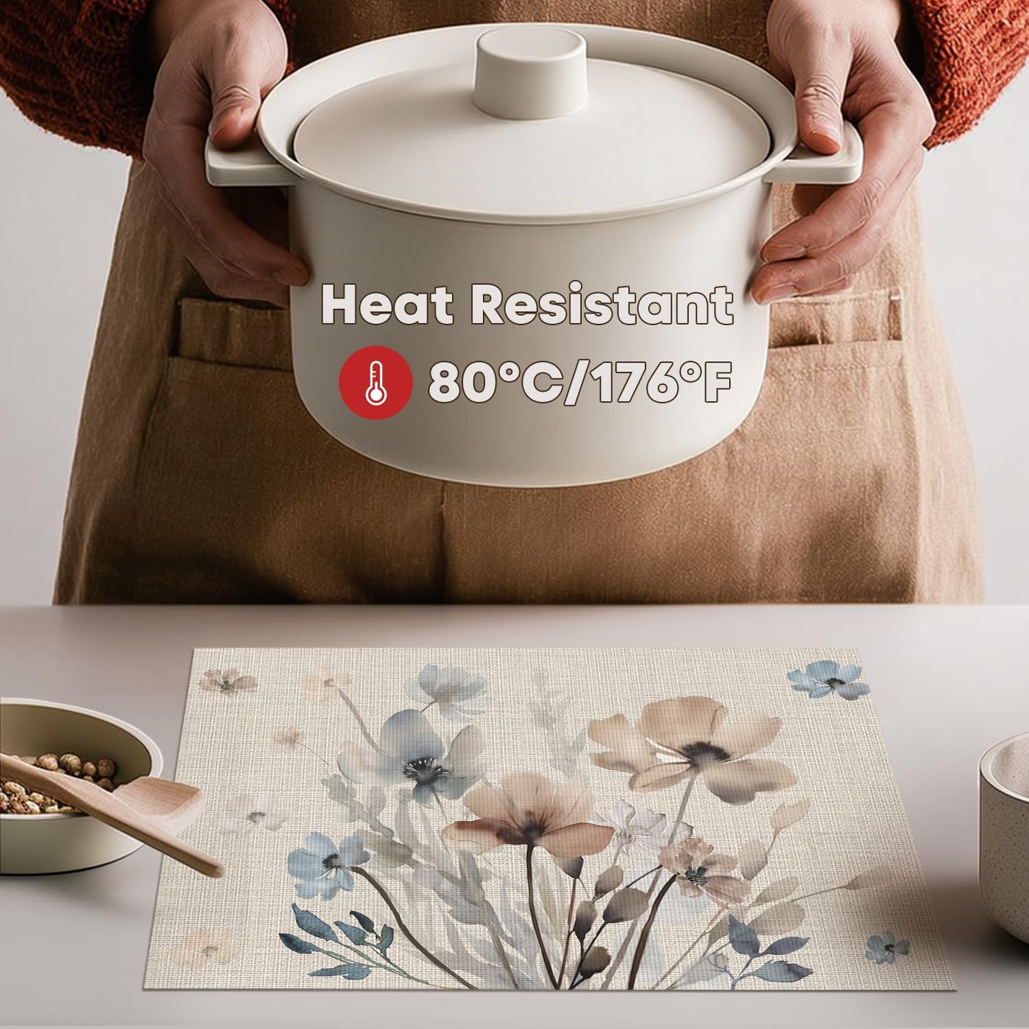 Brown Poppy Floral Vinyl Plastic Placemats Set of 4, Washable Non-Slip PVC Table Mats for Party Kitchen Dining Decor, 12x18 Inch โ image 3