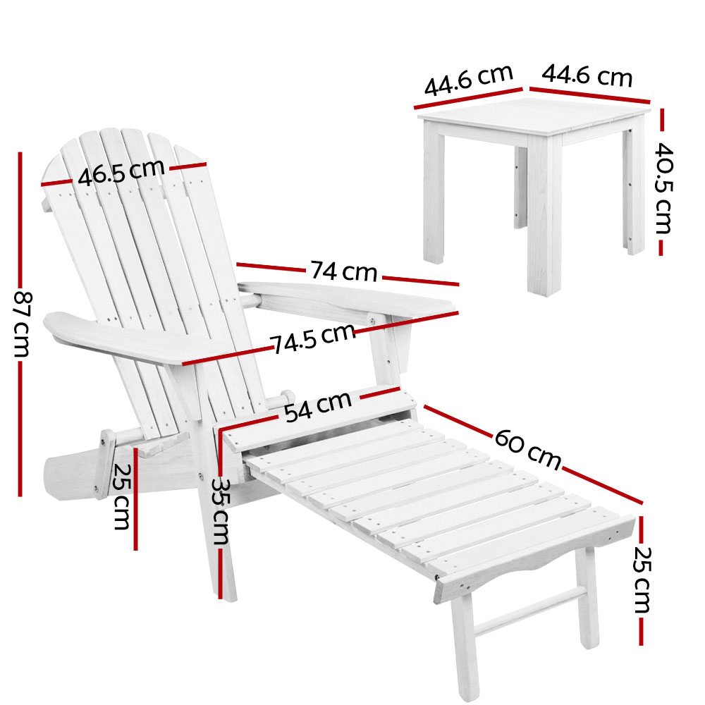 Gardeon 3PC Adirondack Outdoor Table and Chairs Wooden Sun Lounge Beach Patio White โ image 2