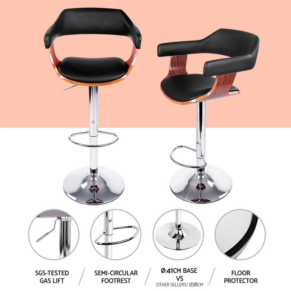 Artiss 4x Bar Stools Gas Lift Leather w/Armrest Black — image 5