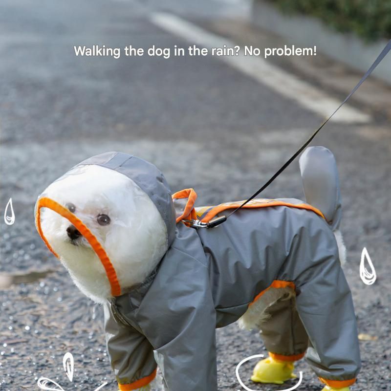 Grey and Orange L size Dog Raincoat with Leash Access and Transparent Hood - Waterproof Full Body Pet Rain Suit for Small and Medium Dogs, Reflective Trim — image 2