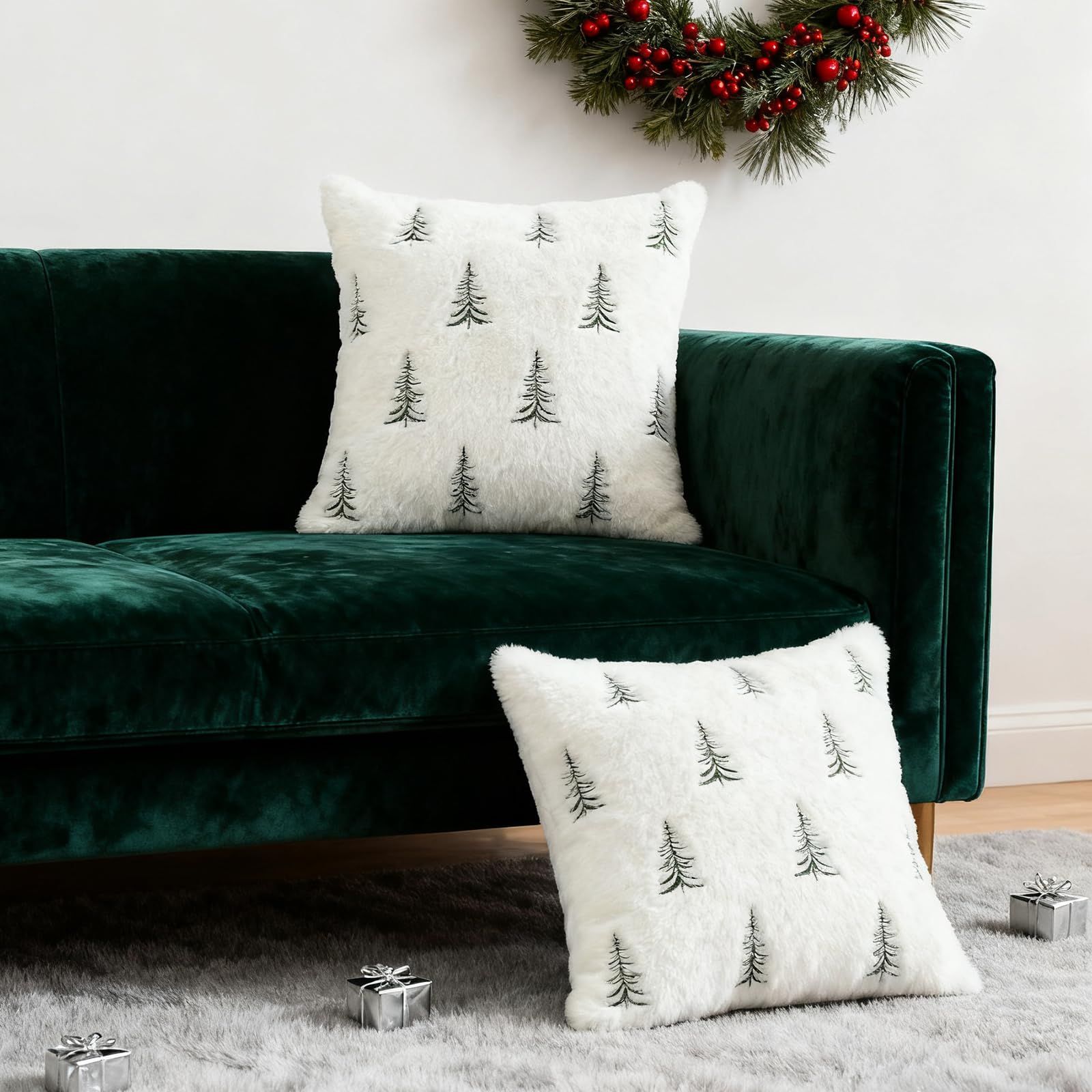 Christmas Pillow Covers 18x18 inch Set of 2 Green Embroidered Christmas Tree Decoration Beige Soft Plush Faux Fur Jacquard Throw Pillows for Bedroom Sofa — image 3