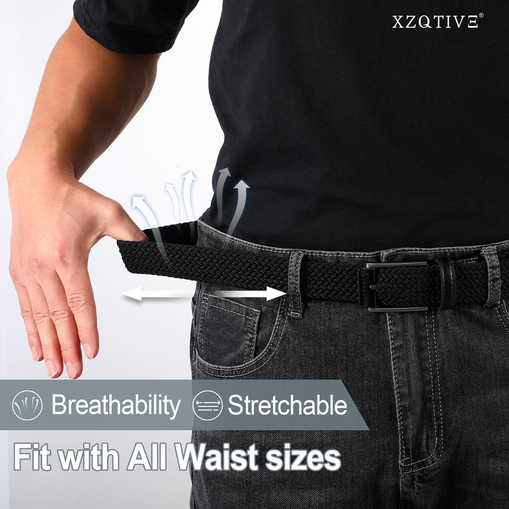 Unisex stretch black woven canvas belt with pin buckle, suitable for jeans, casual pants, shorts and casual wear โ image 5