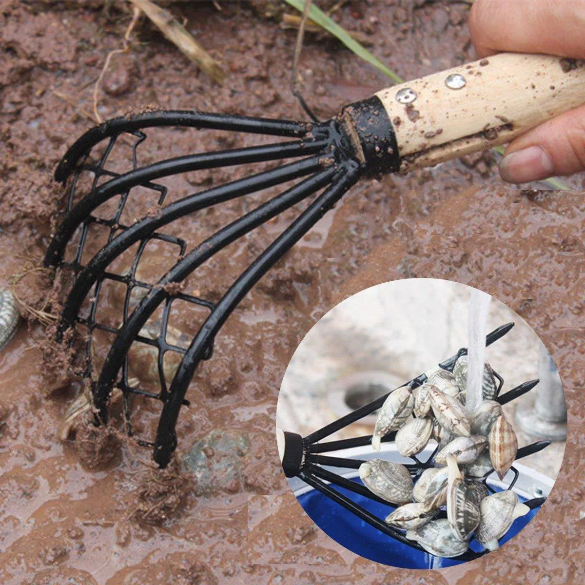 2X Clam Rake Net 5Claw Wood Handle Rake Shell Digging Tool Dig Seafood Tool โ image 4