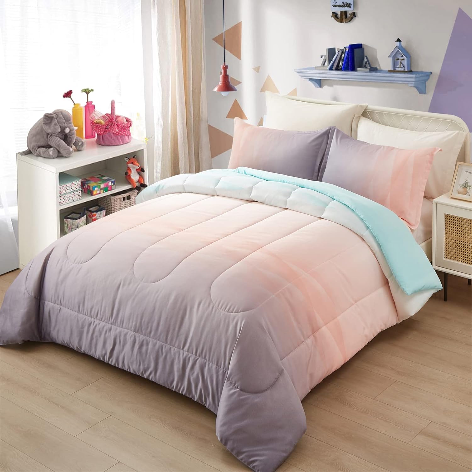 Girls Comforter Set, King Size, Ombre Blue Pink Rainbow 3-Piece Bedding Collection โ image 2