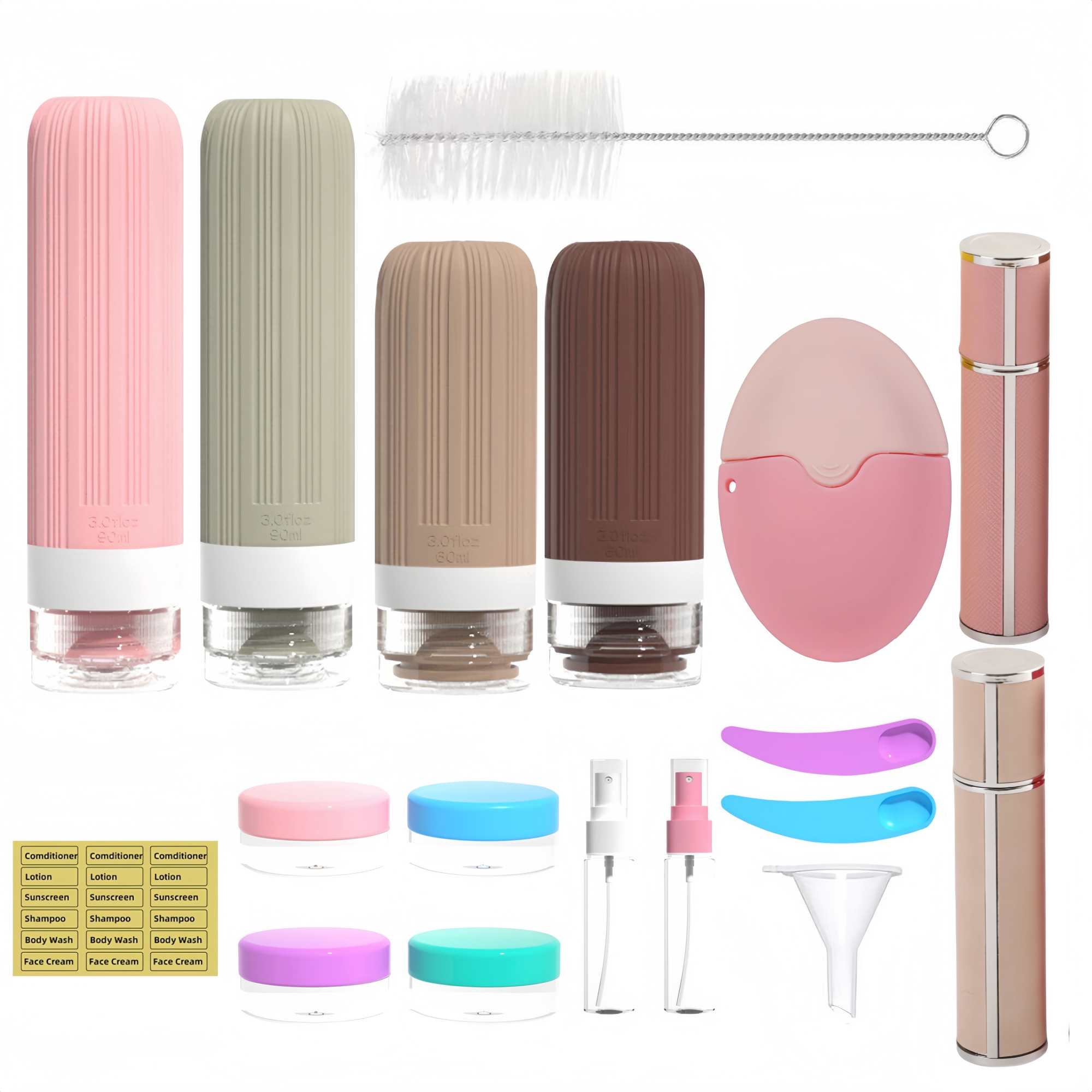 19 Pack Travel Bottles Set, Silicone Toiletry Bottles, Sunscreen Applicator & Refillable Perfume Spray Bottles, TSA Approved, Leak Proof Travel Accessories for