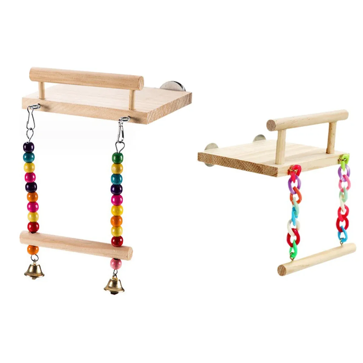 Bird Swing Parrot Cage Toy Wooden Swing with Beads and Bells Hanging Play - Chain Swing โ image 3