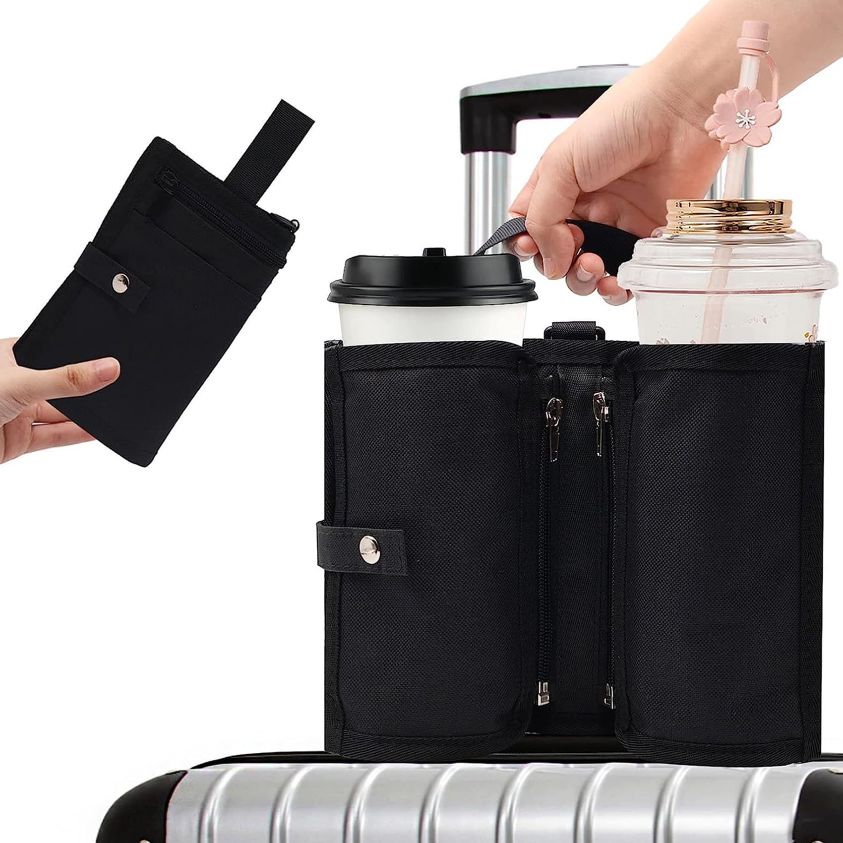 Luggage Cup Holder Travel Drink Bag for Suitcase Portable Foldable Luggage Drink Caddy With Handle (Black)