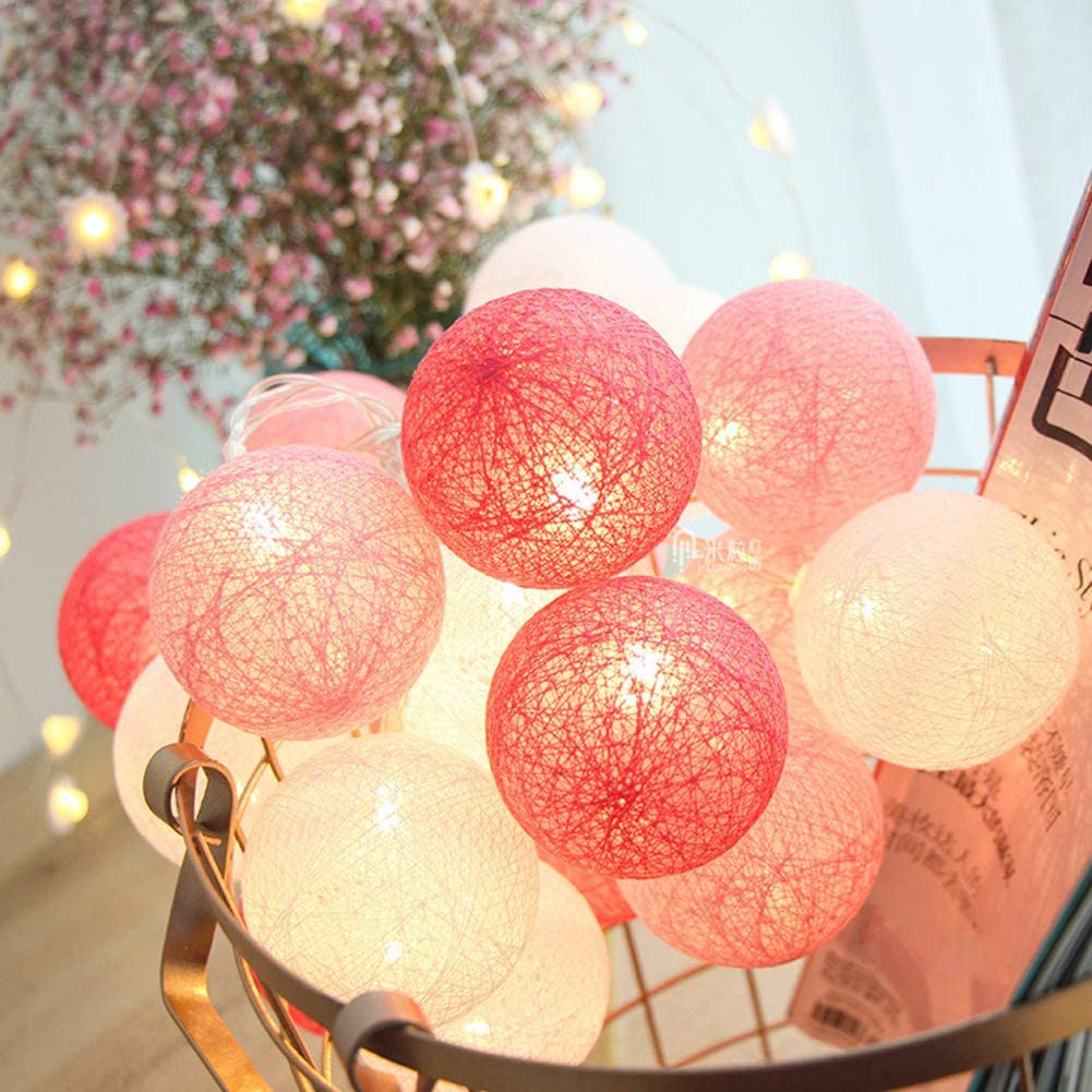 1 Set of 20 LED Pink 5cm Cotton Ball Battery Powered String Lights Christmas Gift Home Wedding Party Girl Bedroom Decoration Outdoor Indoor Table — image 5